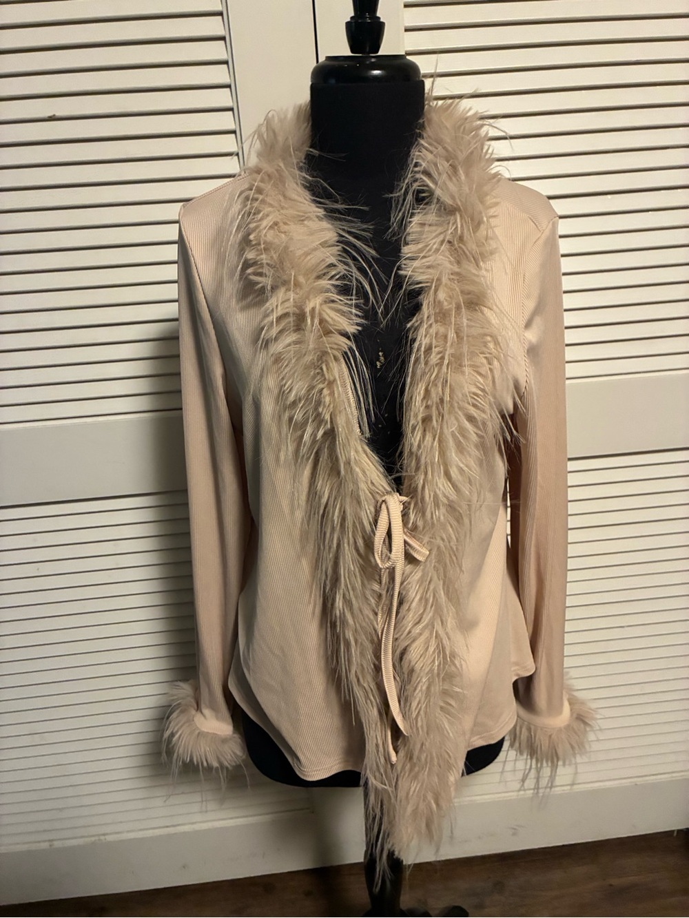 Faux-Fur Trim Open Front Cardigan Sweater - Cream